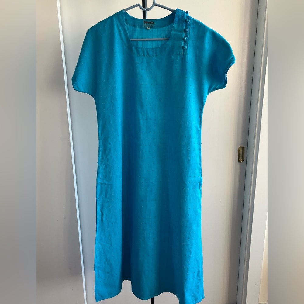 Fabindia khadi modern woman's cotton dress long Kurta tunic Turquoise blue Mediu